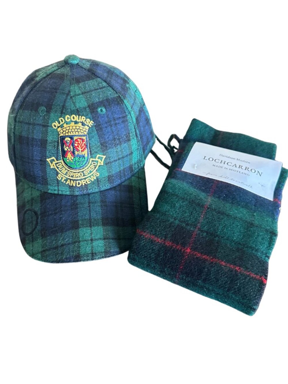 St Andrews Old Course Golf Hat, Pin & Lochcarron Scotland Tartan Scarf (NWT)